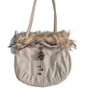 Vintage Berge Italy Italian Leather Purse Tote Beaded Charm Fur Trim Beige
